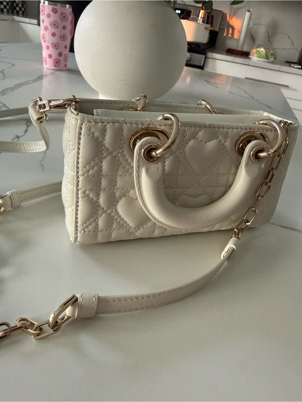 Dior Cream Quilted Mini Top-Handle Crossbody with Gold Hardware - Picture 3 of 8
